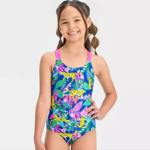 NWT Cat & Jack Girl's Tropic Breeze Botanical 1 PC Swimsuit S 6/7